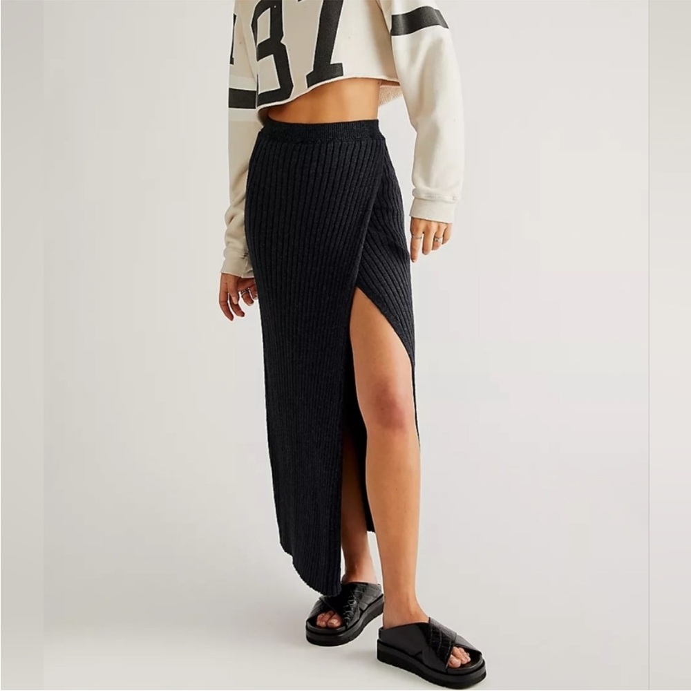 Free People Better Days Ribbed Knit Midi Sweater Skirt Navy Blue